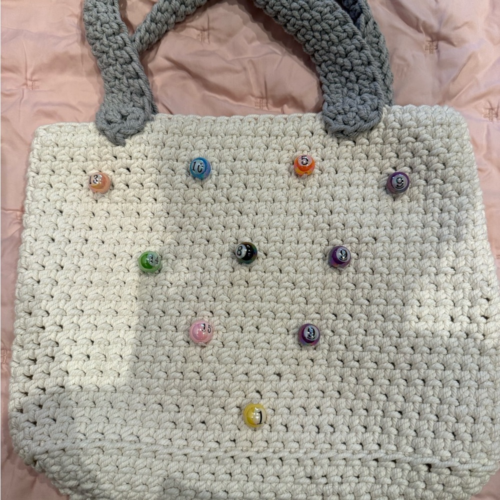 Handmade Cream Crochet Tote Bag with Multicolor Bead Accents